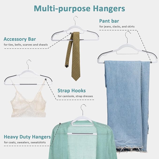50-Pack Coat Hangers, Space Saving Plastic Clothes Hangers, Non-Slip, 0.2 Inches Slim, 16.53 Inches Wide, 360° Swivel Silver Hook for Shirts, Pants & Wet/Dry Garments, White and Dark Gray