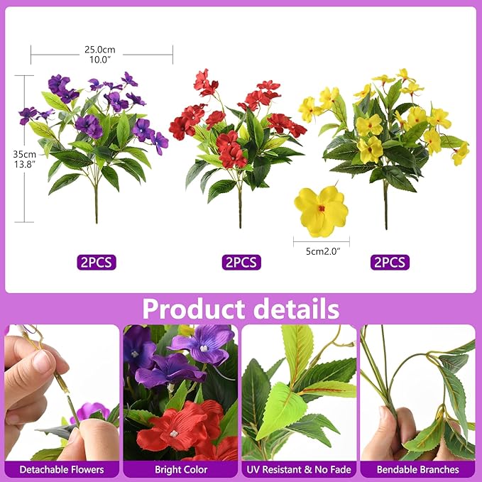 Artificial Fake Flowers for Outdoor, 6 Bundles UV Resistant Faux Plants Decoration Silk Flowers No Fade Plastic Flowers for Outside Planters Home Porch Patio Yard Garden Decor