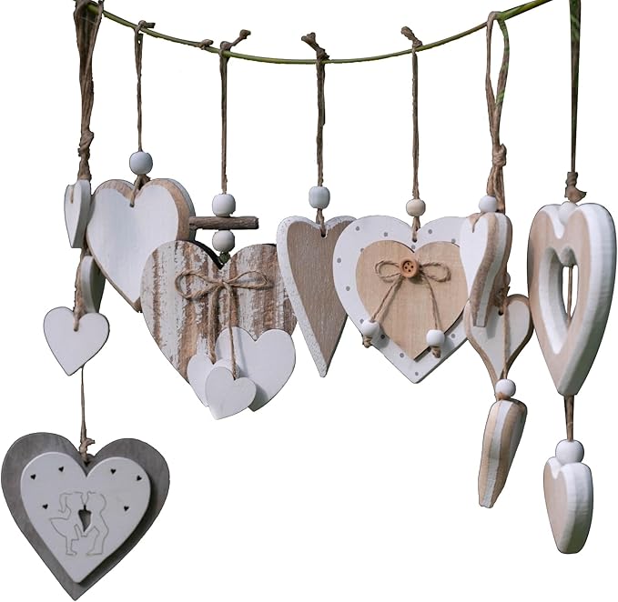 Sun&Beam Heart-Shaped Wooden Decorative Seven Styles Hanging Handmade Hearts Ornaments for Wedding Party Valentine Christmas Home Decoration Car Décor (All-7Pcs, 1Pcs)