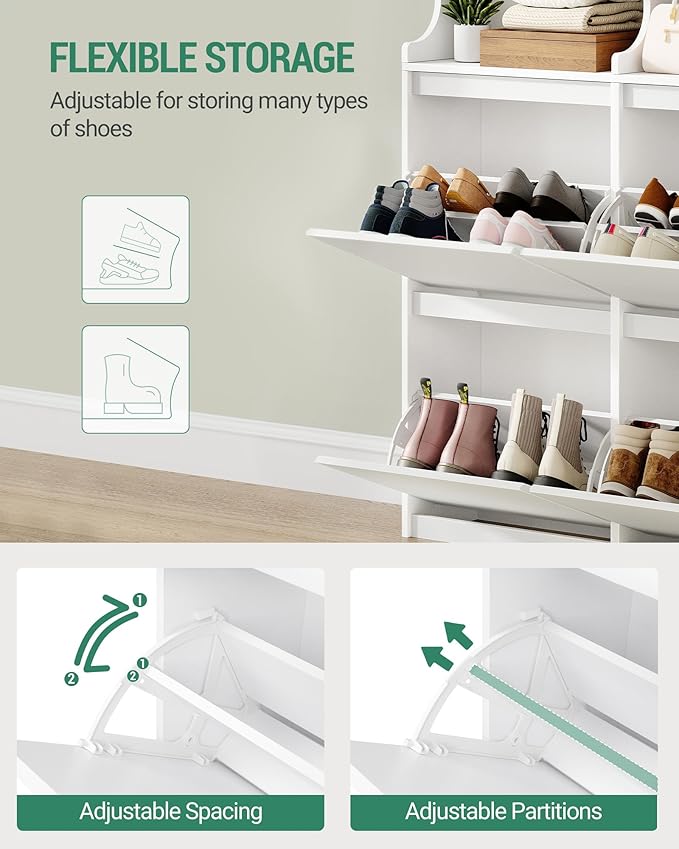 Shoe Cabinet with 4 Flip Drawers & 2 Top Drawers, Narrow Hidden Shoe Storage Cabinet for Entryway, Freestanding Shoes Organizer with Storage Space, 16-20 Pairs, for Hallway, White SR57603X
