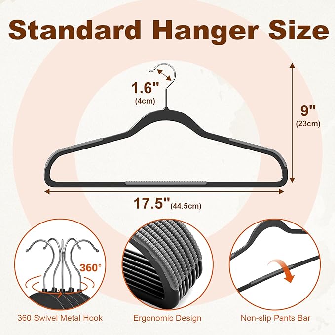 HOUSE DAY Heavy Duty Plastic Hangers 100 Pack, Clothes Hangers with Non-Slip Rubber Pads - 0.2 Inch Thin Space Saving Coat Hanger for Closet Organizer, 360° Swivel Hook for Shirts, Pants, Suit (Black)