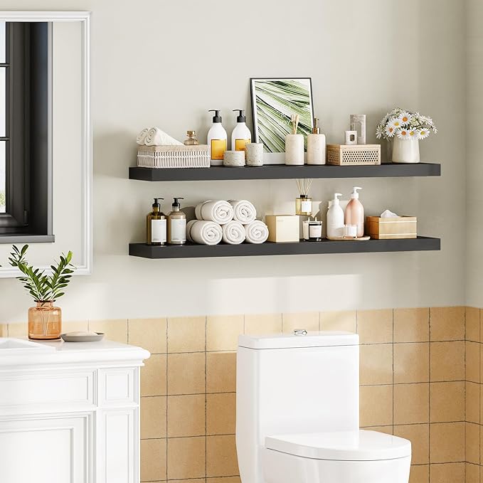 HOOBRO Floating Shelves for Wall, Wall Mounted Shelf Set of 2, 47.2" Hanging Shelf with Invisible Brackets, for Wall Decor Storage in Bathroom Bedroom Kitchen Living Room Office, Black BK120BJP201