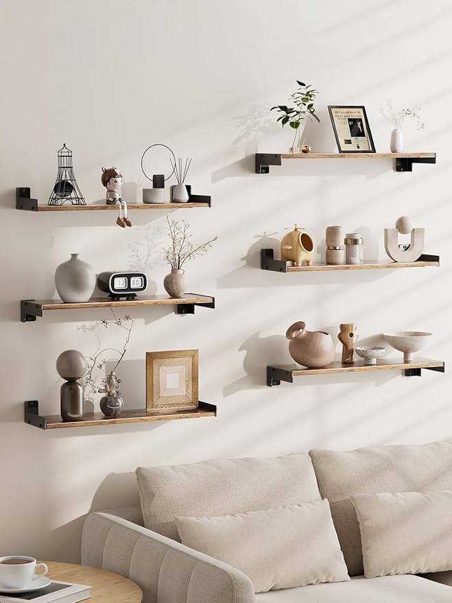 Floating Shelves for Wall, Shelves for Decor Storage Set of 6, Wall Mounted Wood Shelf for Bedroom, Living Room, Bathroom, Kitchen,Long Picture Ledge Shelves. (Brown)