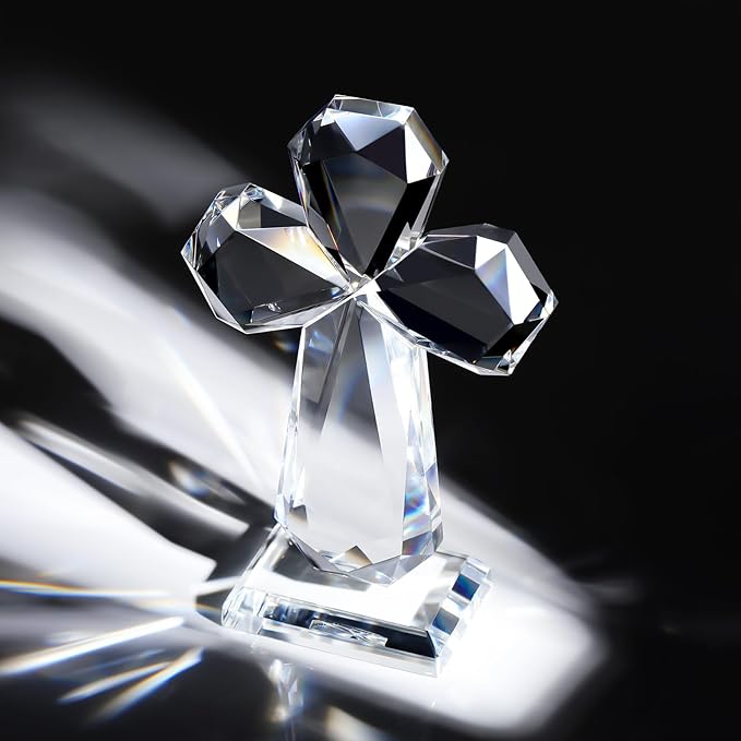 YWHL Clear Crystal Standing Cross Figurine Decor, Holy Cross Collectible Figurines Decoration, Religious Gifts for Women Men, Handmade Christian Easter Cross for Home Office