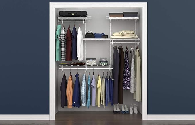 ClosetMaid ShelfTrack Wire Closet Organizer System, Adjustable from 4 to 6 Ft., With Shelves, Clothes Rods, Hardware, Durable Steel, White