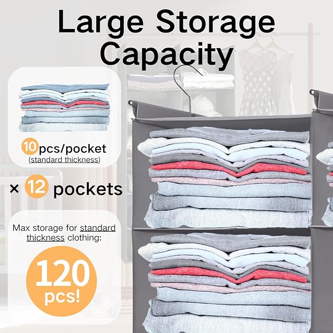 Space-Saving Hanging Closet Storage Organizer – Dual-Row Foldable Shelves with 3 Hooks, 6-Tier Wardrobe Organizer for Dorm, Bedroom, Closet (Grey)