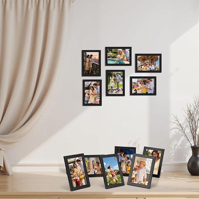 Lyeasw 4x6 Picture Frames Black 12 Pack, Matted Wood Grain Lightweight 4 x 6 Photo Frames for Wall Collage and Desk & Home Decor, with Horizontal or Vertical Placement.
