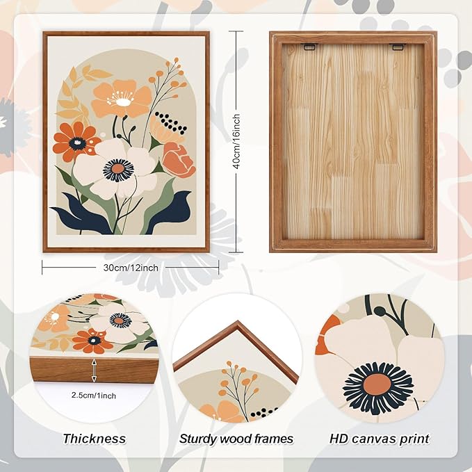 KAIRNE Boho Canvas Wall Art,Abstract Floral Wall Decor,Modern Minimalist Prints Set of 3(16”X24”),Botanical Wall Art Paintings,Bohemian Mid Century Artwork for Living Room Bedroom Office Decor,Framed