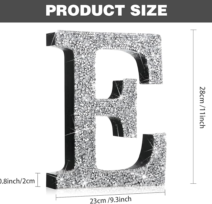 Qunclay 12'' Silver Crystal Diamond Bling Letters Crushed Diamond Decoration Wooden Glitter Letter with Screw and Hooks Rhinestone Gift for Wedding Y2k Mcbling Bedroom Wall Decor (Letter E)