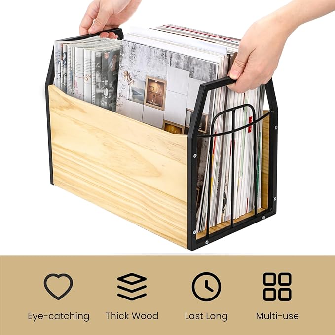 Wood Magazine Holder, Rustic Magazine Storage Rack Floor, Decorative File Book Organizer Basket for Desktop, Newspaper, Mails, Files (Recommend Drill Installation)