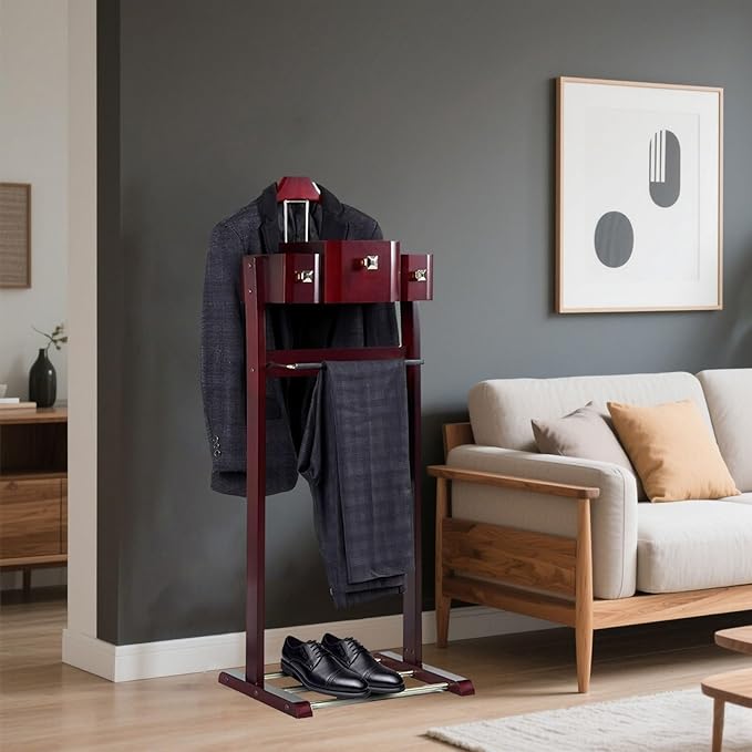 Mens Valet Stand With Top Tray Non-Slip Trouser Bar Clothes Valet Suit Stand Freestanding Clothes Rack For Living Room Entryway Bedroom Office