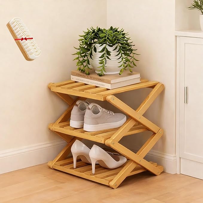 The 9-Tier No-Assembly Bamboo Rack, Folding Bamboo Shoe Rack Organizer with Collapsible Vertical Design, Space-Saving & No-Tool Assembly, for Entryways,Corners,Bedrooms,Balconies (Yellow,3)