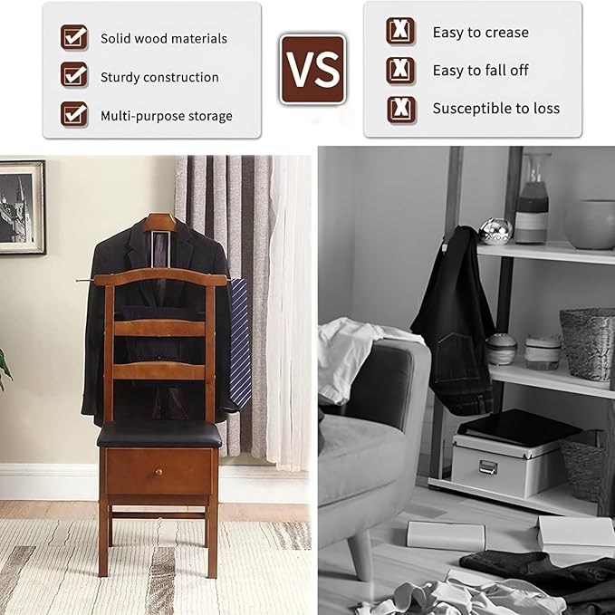 Chair Valet With Drawer,Wooden Suit Valet Stand With Contour Hanger,Trouser Bar and Tie & Belt Bar, 18" W x 23" D x 44" H,Natural wood color