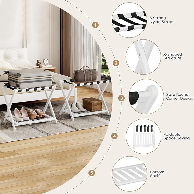 Luggage Rack for Guest Room - 1 Pack 26.77" L Full Assembled Luggage Rack Stand for Suitcases, Foldable Luggage Holder with Shoe Shelf for Bedroom, Hotel (White Bamboo Suitcase Stand)