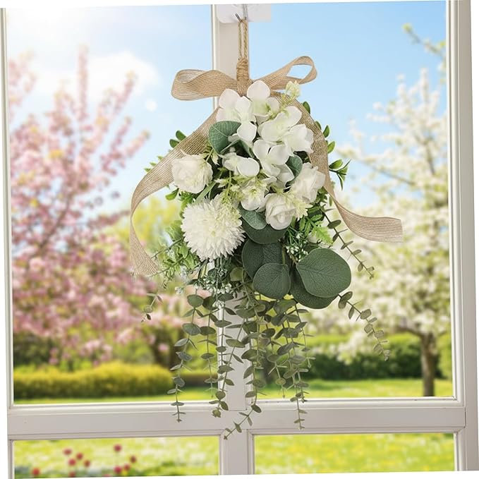 Gcroet Teardrop Wreath - White Artificial Floral Swag Eucalyptus and Chrysanthemum Hanging Decor for Wedding, Holiday, and Farmhouse Wall...