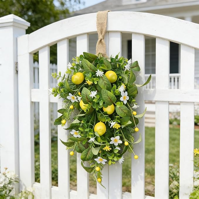 2 Pack 22'' Lemon Swag Wreaths for Cabinets Spring Summer Teardrop Wreath with White Daisy Flowers Artificial Lemon Teardrop Wreath with Bow for Farmhouse Front Door Porch Window Wall Hanging Decor