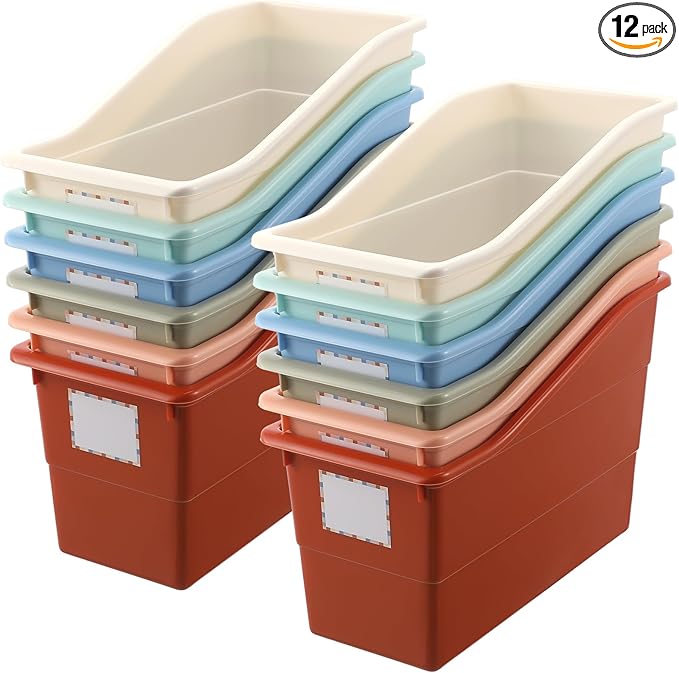 Suzile Interlocking Plastic Book Bins Bulk Classroom Organizers with Labels Magazine File Holder Boho for Teacher Supplies Library Office Home Storage Container(Classic Colors,12 Pcs)