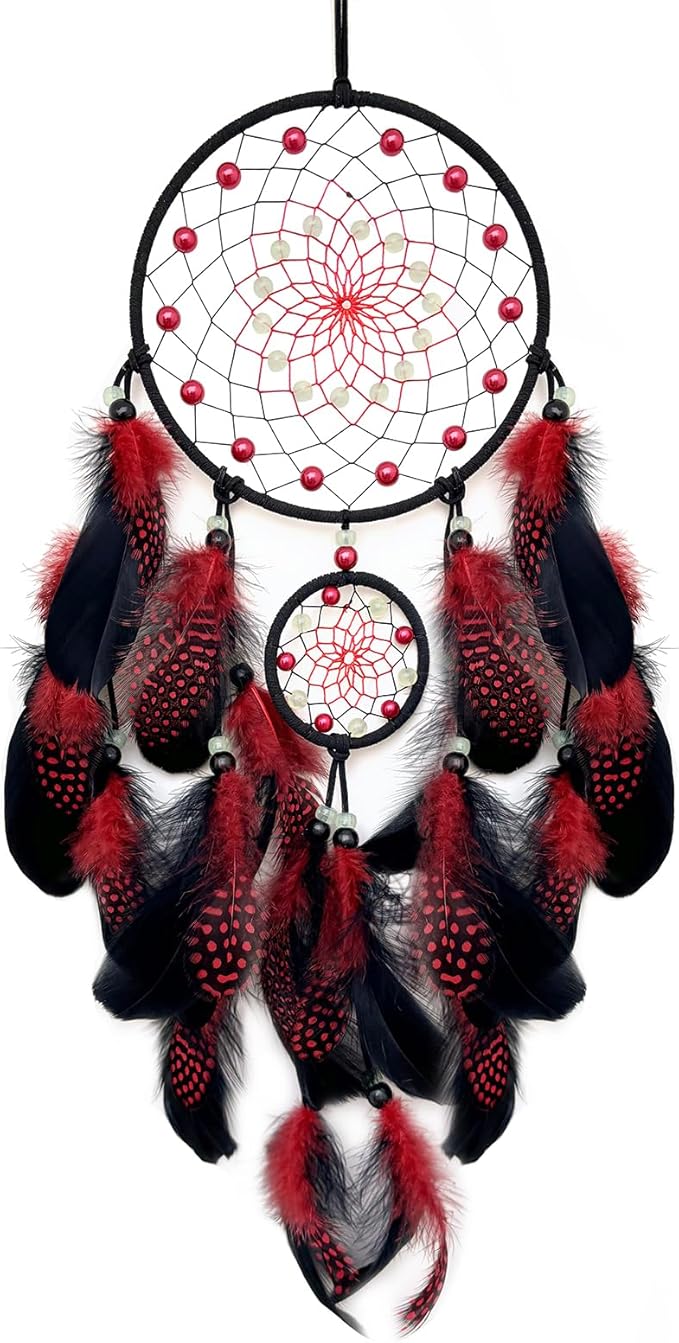 Red and Black Dream Catcher Wall Decor Feather Dream Catchers with Luminous Bead Handmade Dreamcatcher Wall Hanging Ornament for Bedroom Living Room Home Decor