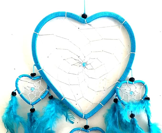 OMA Dream Catcher - Hand Made Turquoise Blue Feather Dream Catcher Heart Shaped with Crystal Beads - 7" Diameter & 24" Long - OMA Federal (TM) Brand