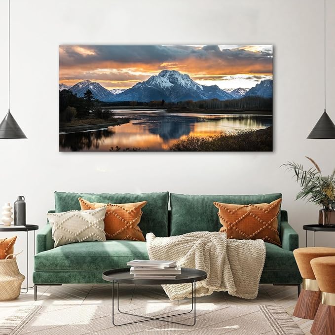 Extra Large Mountain Wall Art for Living Room Sunset Nature Grand Teton Wall Decor National Park Posters Wyoming Snake River Landscape Canvas Prints Artwork for Bedroom Office Home Decoration 35x70"
