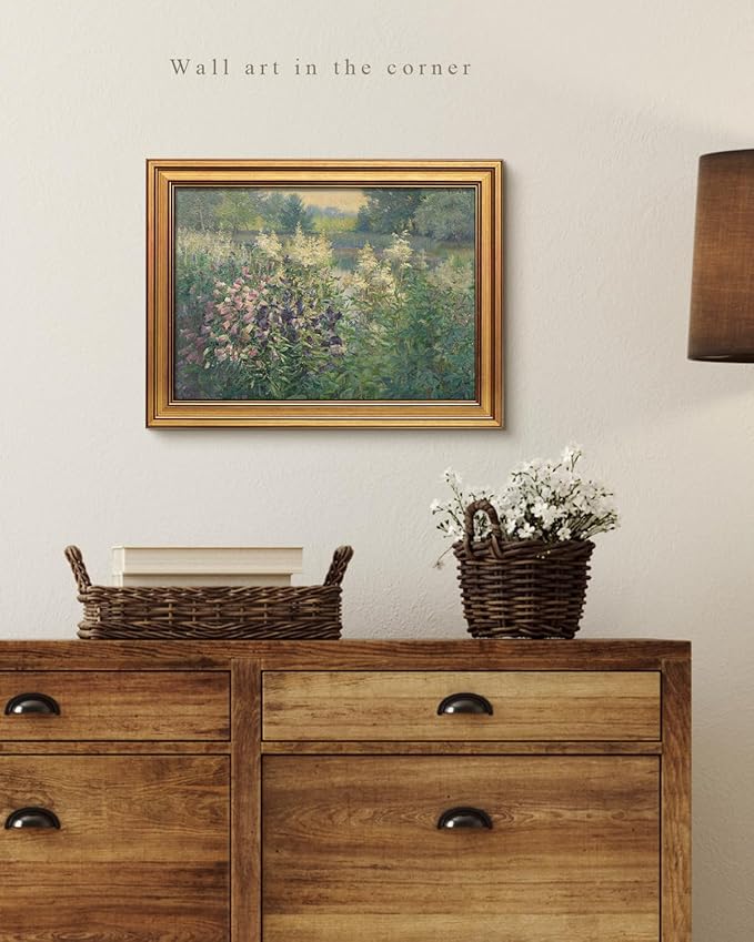 VIYYIEA Vintage Gold Framed Wall Art for Living Room, Landscape Canvas Prints Home Decor, Oil Painting Picture, Bedroom Wall Decor Gifts for Friends or Family -【Canterbury Bells】-(16L x 12W)