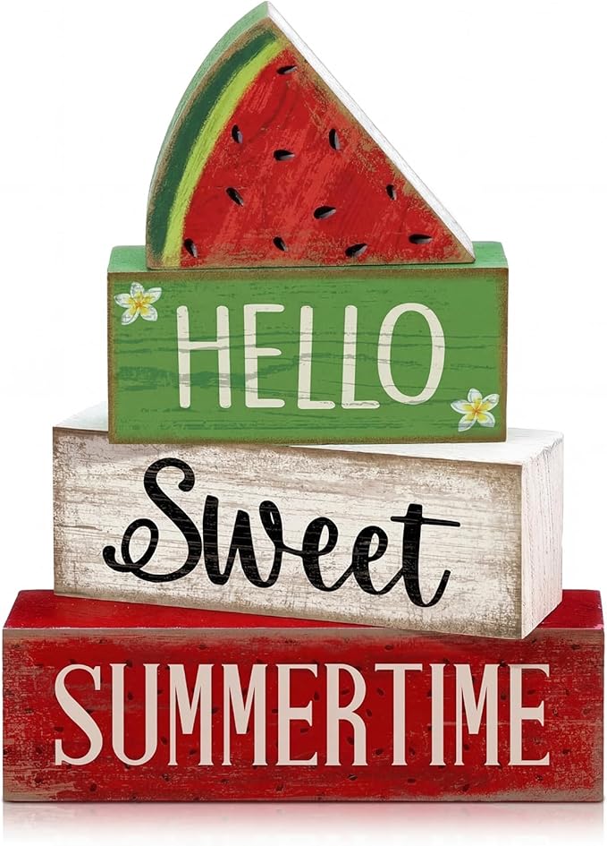 Moucuny 4 Pcs Summer Wooden Table Decor Watermelon Tiered Tray Decor Farmhouse Table Decoration Hello Sweet Watermelon Book Block Summer Decoration for Home Office Kitchen Mantel Shelf