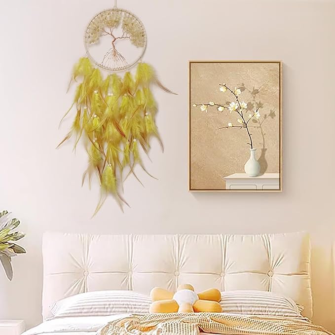 Yellow Dream Catcher Wall Decor Crystal Tree of Life Dream Catchers Handmade Feather Dreamcatcher Wall Hanging Ornament for Bedroom Living Room Home Decor