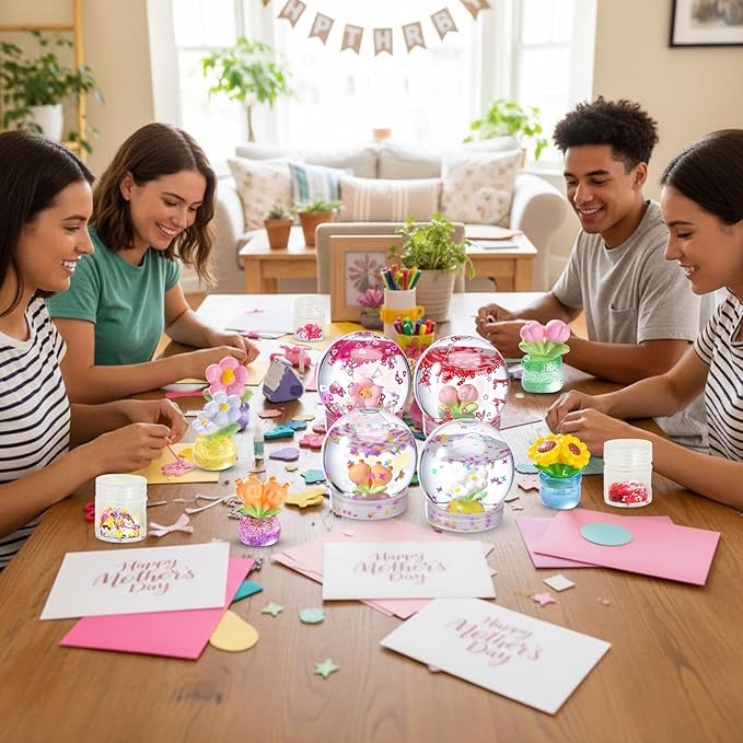 12 Sets Flower Craft Bulk Flower Plastic Clear Snow Globes Kit with Glow in The Dark Plates, Sequins Flakes, Glue Guns for Employee Make Your Own Party Snow Globes Craft DIY Gifts