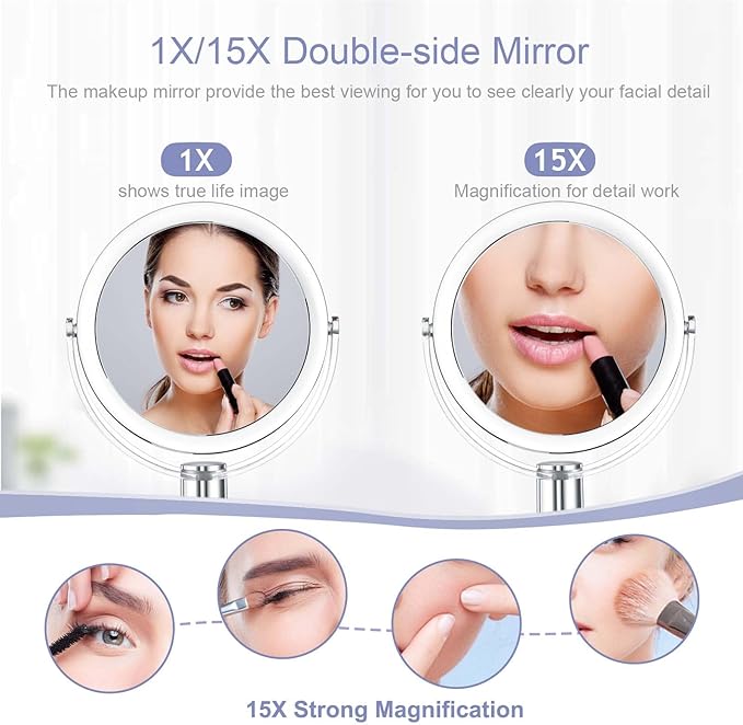 CLSEVXY Vanity Mirror Makeup Mirror with Stand, 1X/15X Magnification Double Sided 360 Degree Swivel Magnifying Mirror, 7.4 Inch