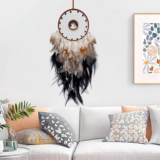 Black Dream Catcher Wall Decor Crystal Tree of Life Dream Catchers Handmade Feather Dreamcatcher Wall Hanging Ornament for Bedroom Living Room Home Decor