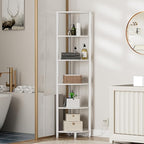 Furnulem 6 Tier Corner Shelf with LED Light, 67.5” Tall Standing Shelf Organizer, White Narrow Bookshelf with Storage Rack for Wall Corner, Living Room, Bedroom, Metal Frame, Wood Display Shelf