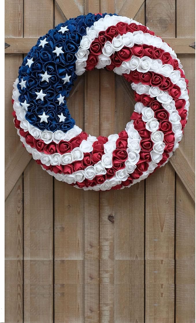 18Inch Patriotic Roses Wreath, 4th of July Summer Soft Touch Foam Roses Wreath for The Front Door, Handcrafted Memorial Day Artificial Flowers for Indoor and Outdoor