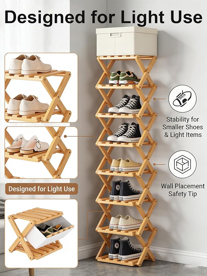 The 9-Tier No-Assembly Bamboo Rack, New Upgrade 9 Tier Bamboo Shoe Rack, Space-Saving Tall Narrow Accordion Shoe Rack for Entryway Closet Dorm (Brown-7)
