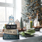 Yuntau 4 Pcs Winter Table Decoration Blue Snowman Decor Winter Tiered Tray Decor Christmas Centerpiece Decorative Wooden Snowman Block Sign Decoration for Home Kitchen