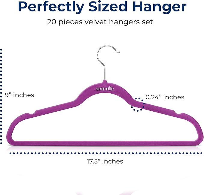 SereneLife 20 Pack Velvet Hangers – Non-Slip Clothes Hangers with Heavy Duty Design, Slim Space-Saving Coat Hangers with 360° Swivel Hook, Strong Lightweight Closet Organizer Set for Clothes (Purple)