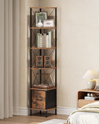 CHOEZON Corner Shelf with Drawer, Narrow Corner Bookshelf, Standing Bookcase, Storage Shelf with Anti-tip, Industrial Display Shelf for Small Spaces, Rustic Brown and Black TCJ76BF