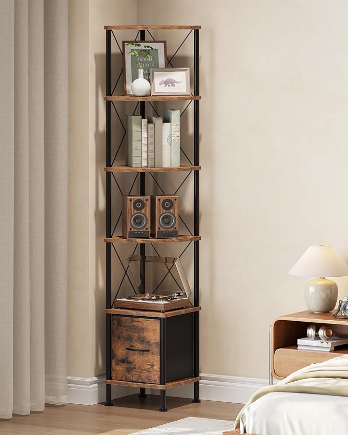 CHOEZON Corner Shelf with Drawer, Narrow Corner Bookshelf, Standing Bookcase, Storage Shelf with Anti-tip, Industrial Display Shelf for Small Spaces, Rustic Brown and Black TCJ76BF