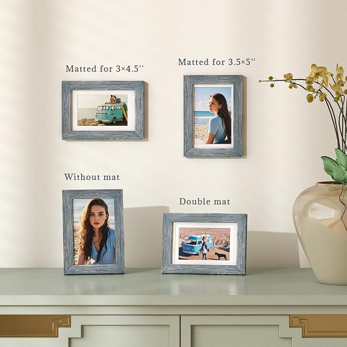 Egofine 4x6 Picture Frames Set of 4, Made of Solid Wood Covered by Plexiglass 3x4.5 and 3.5x5 with Mat or 4x6 without Mat, for Table Top Display and Wall Mounting Photo Frame, Rustic Blue