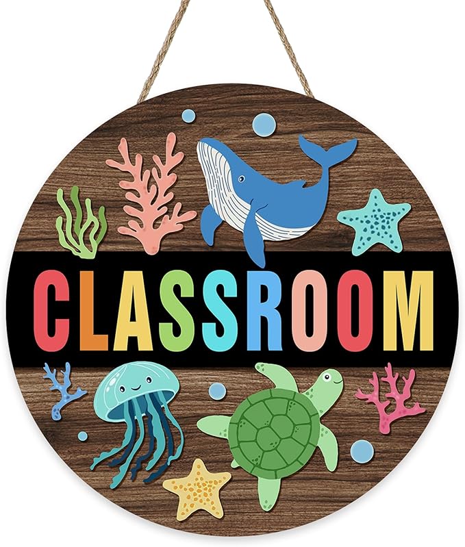 Nautical Classroom Front Door Sign, Back to School Beach Coastal Wood Plaque Hanger Nursery Preschool Elementary Home Decor, Ocean Wooden Wreath Wall Hanging Decoration Teacher Supply Gift
