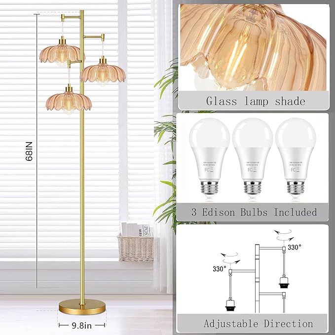 QIYIZM Glass Floor Lamp for Living Room,Bedroom,Gold Mid Century Modern Standing Lamp Brass Tree 3 Light Tall Floor Lamps Vintage Retro Floor Lights Flower Lamp Shade Farmhouse Boho Bohemian