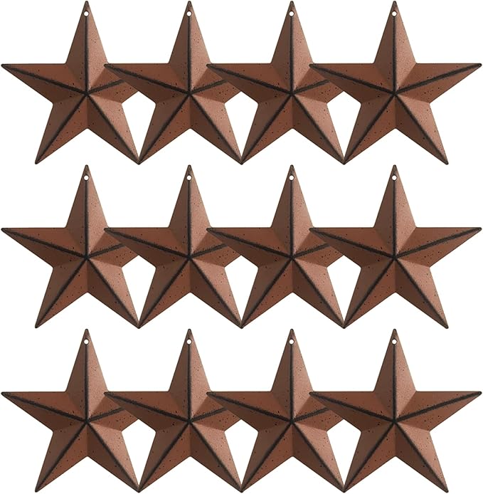 3.8-Inch Metal Barn Star，Metal Star for Outside Texas Stars Art Rustic Vintage Western Country Home Farmhouse Wall/Door Decor, Set of 12. (Rusty)…