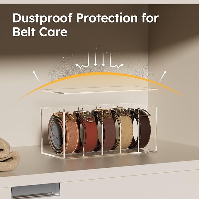 FEMELI Belt Organizer, Acrylic Belt Storage for Closet with Dust Cover, 5 Compartments Belt Container Display Holder for Drawer, Clear Belt Tie Case for Women Men Home