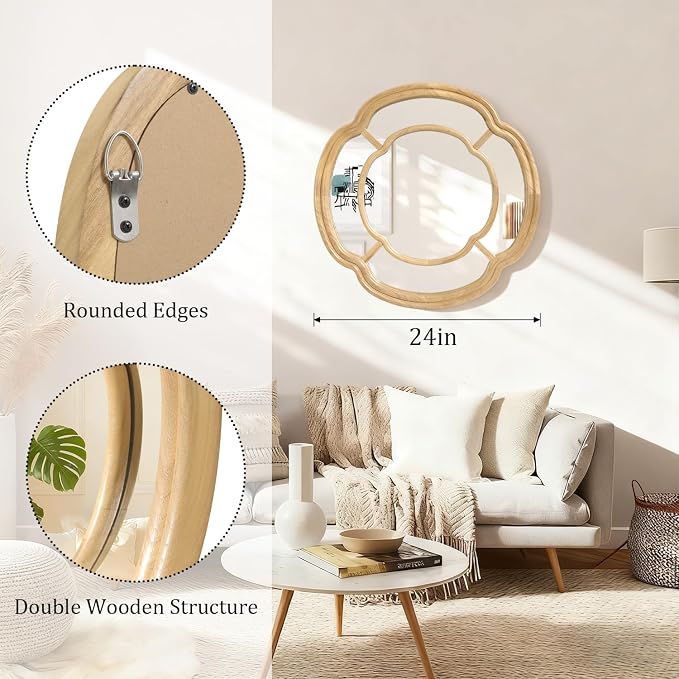 Wall Mounted Mirror, Wooden Round Framed Mirror Large Irregular Wavy Hanging Decorative Mirrors for Living Room Bedroom and Entryway Home 20 Inch Decor