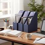 Gueevin Set of 6 Magazine File Holders, Sturdy Cardboard Desk Magazine Organizer with Gold Label Slots, Foldable File Folder Rack for Home Office Classroom Library(Blue)