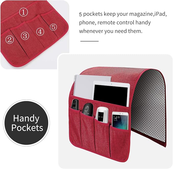 Sofa Armrest Organizer, Remote Control Holder for Recliner Couch, Arm Chair Caddy with 5 Pockets for Magazine, Tablet, Phone, iPad