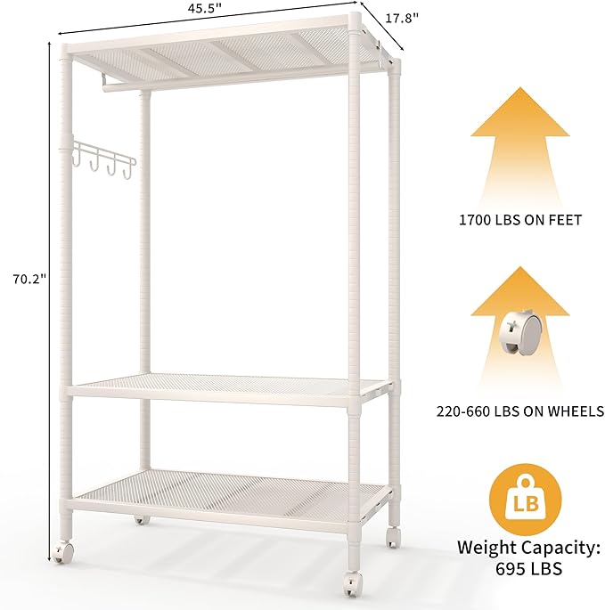 Heavy Duty Rolling Clothes Rack,Load 693LBS Clothing Racks for Hanging Clothes,Free Standing Closet Organizers and Storage Garment Racks with Wheels,Rods,Gray 70"H x 45"W x 18"D