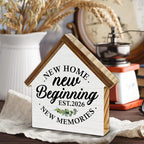 2026 Housewarming Gifts, New Home Gift Ideas, New Beginnings House Shaped Wooden Block Sign, Home Living Room Decor for Desk Table Shelf
