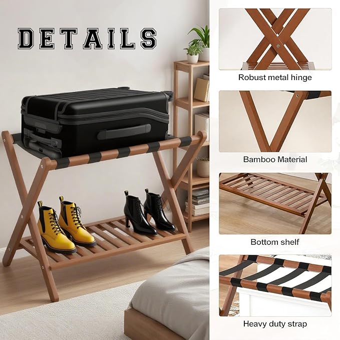 Bamboo Luggage Rack with Shoe Shelf Folding Suitcase Stand with 5 Heavy-Duty Straps for Guest Room Living Room Hotel Ideal Luggage Holder for Suitcases Bags Shoes,Walnut Brown