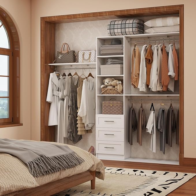 Dilando Closet Organizer System with Drawers, 5FT - 8FT Closet Shelving System 96" Walk in Wood Corner Closet Storage System with 4 Shelves Custom Hanging Rods Heavy Duty Wall Mount, White