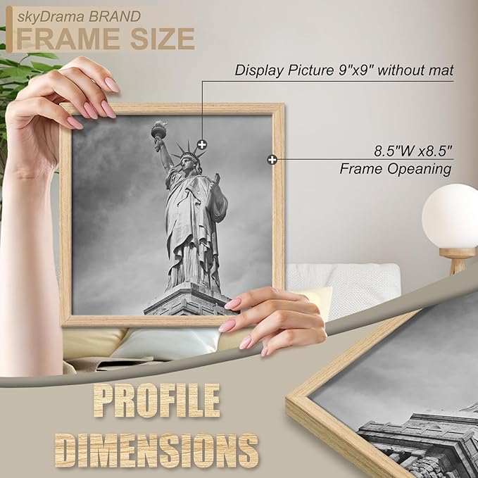 Natural Solid Wood 9x9 Picture Frame, Display 9 x 9 Inch Picture Poster Photo, Vertical & Horizontal Wall Hanging - 2 Pack/Natural/9"x9"